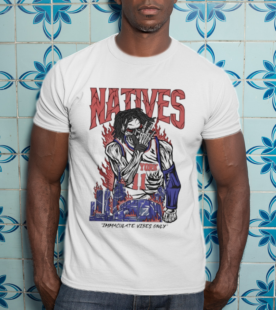 Natives Immaculate Vibes Only Jalen Brunson York 11 Skeleton Statue T-Shirt