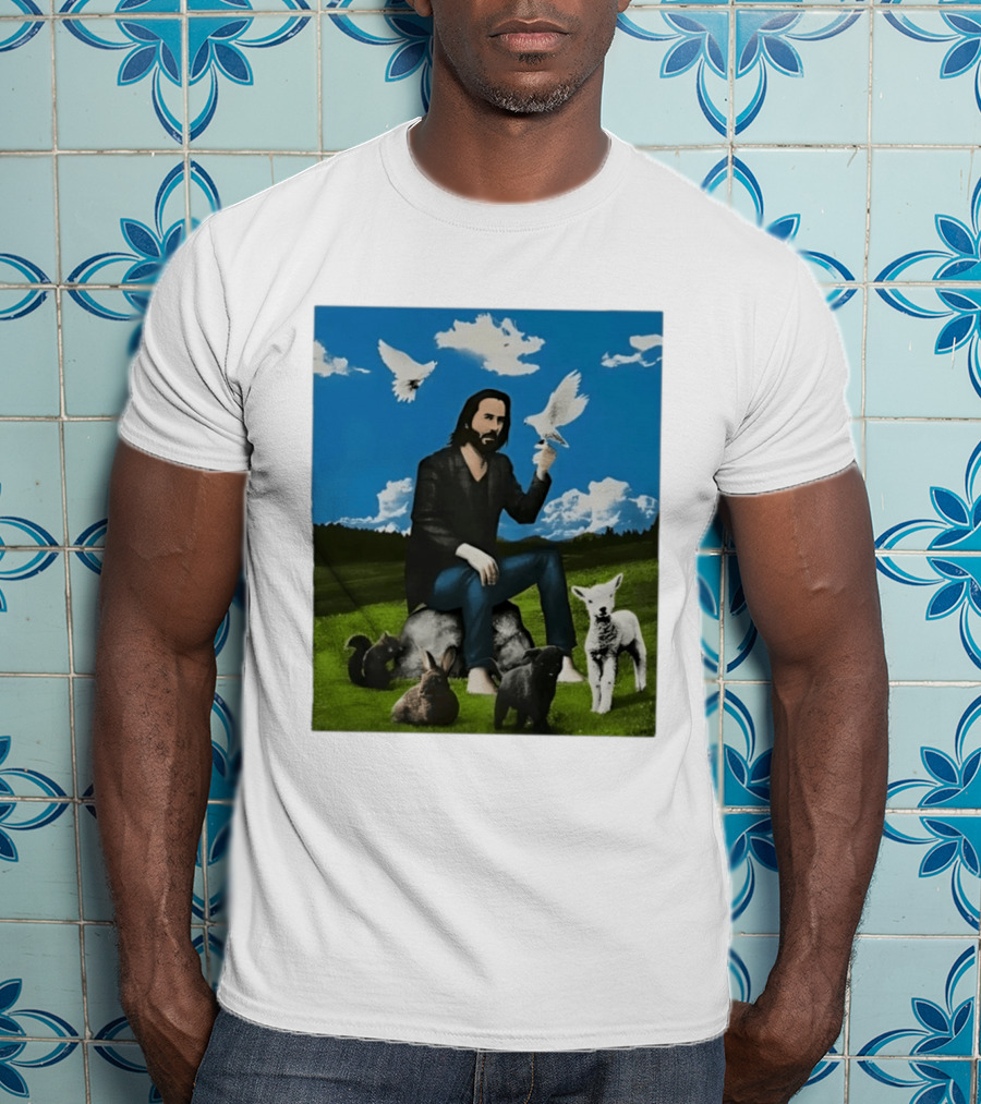 Keanu Reeves Peaceful Meadow With Animals And Doves T-Shirt