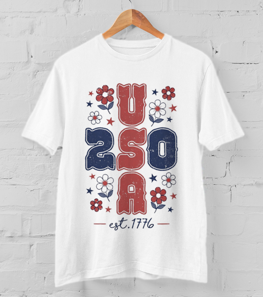 USA 250 Est 1776 American Patriotic Floral Stars Independence Day T-Shirt
