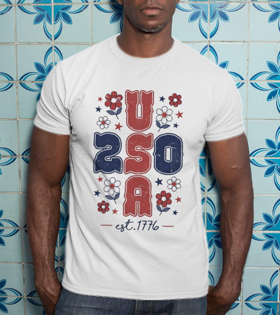 USA 250 Est 1776 American Patriotic Floral Stars Independence Day T-Shirt