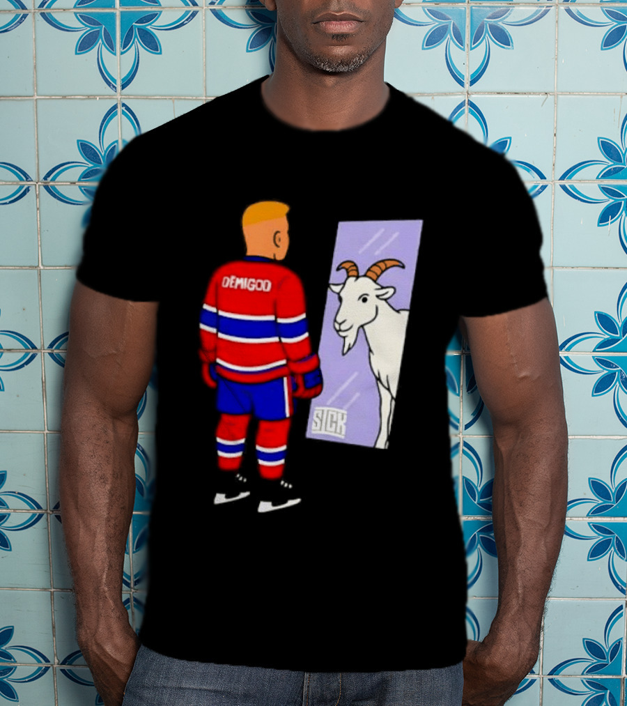 Demigod Hockey Player Looking In Mirror With Goat Reflection T-Shirt