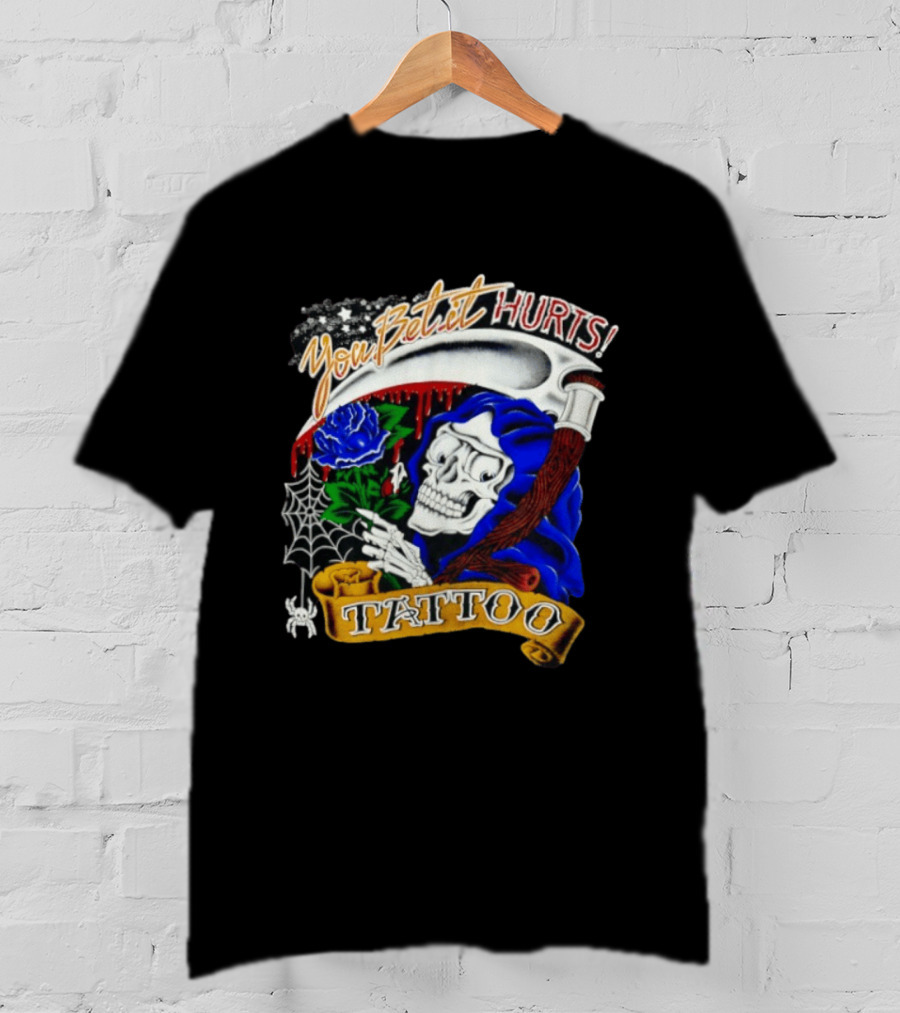 You Bet It Hurts Skeleton Rose Tattoo Spider Web T-Shirt