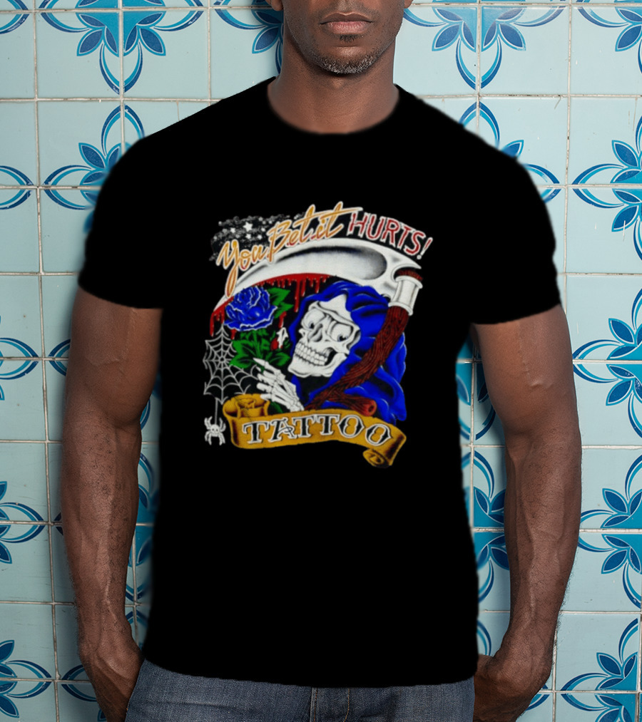 You Bet It Hurts Skeleton Rose Tattoo Spider Web T-Shirt