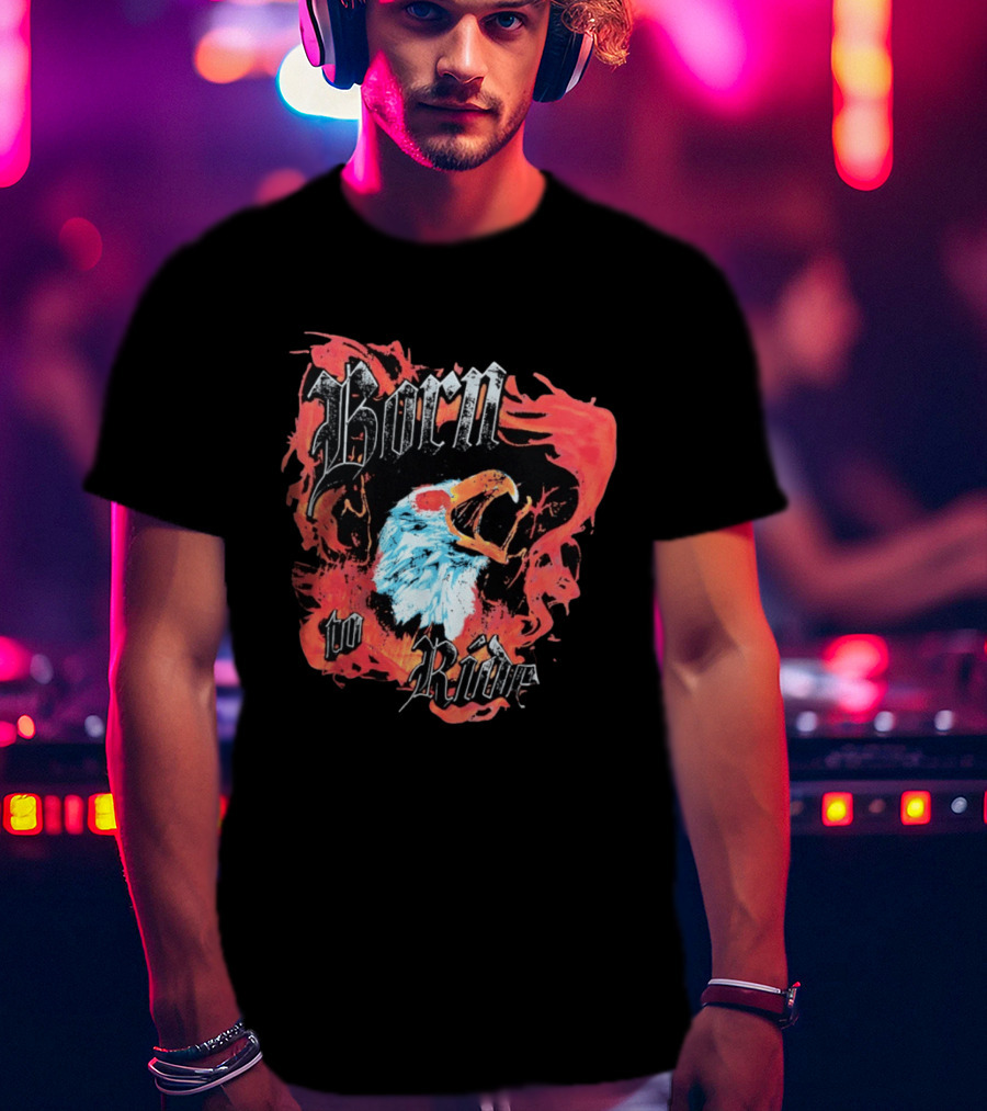 Born To Ride Fiery Bald Eagle Biker T-Shirt