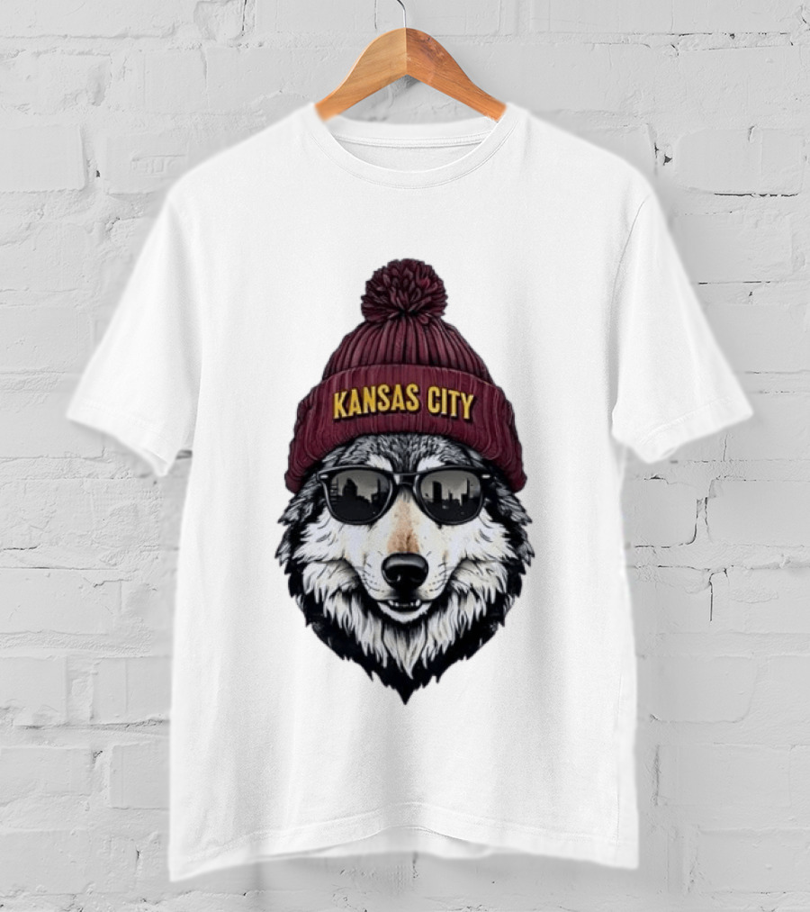 Kansas City Wolf Beanie Sunglasses Cityscape T-Shirt