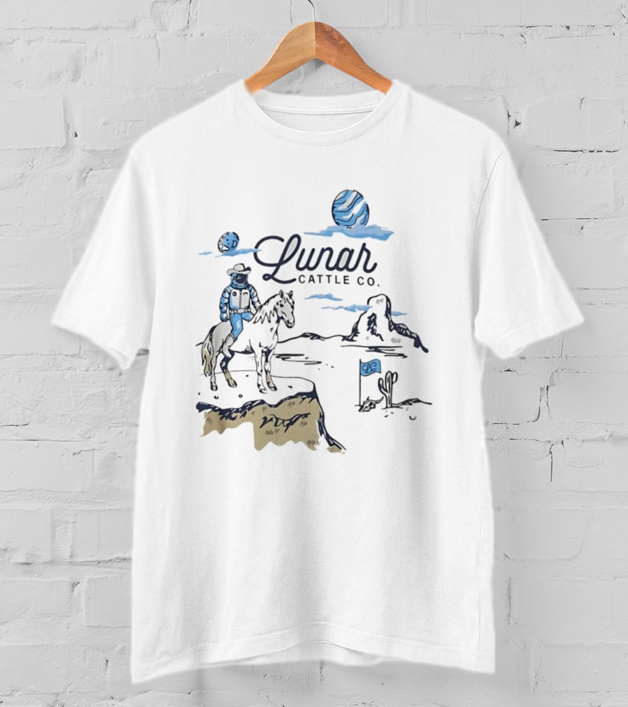 Lunar Cattle Co Astronaut Cowboy On Horseback With Planet And Flag T-Shirt