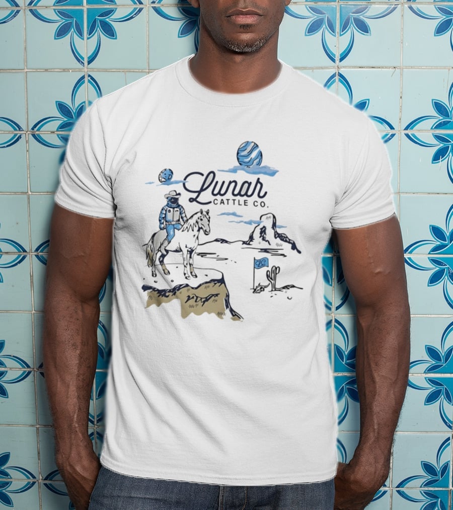 Lunar Cattle Co Astronaut Cowboy On Horseback With Planet And Flag T-Shirt