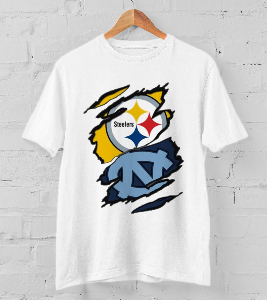 Pittsburgh Steelers UNC Tar Heels Ripped Metal Effect Logo Fusion T-Shirt