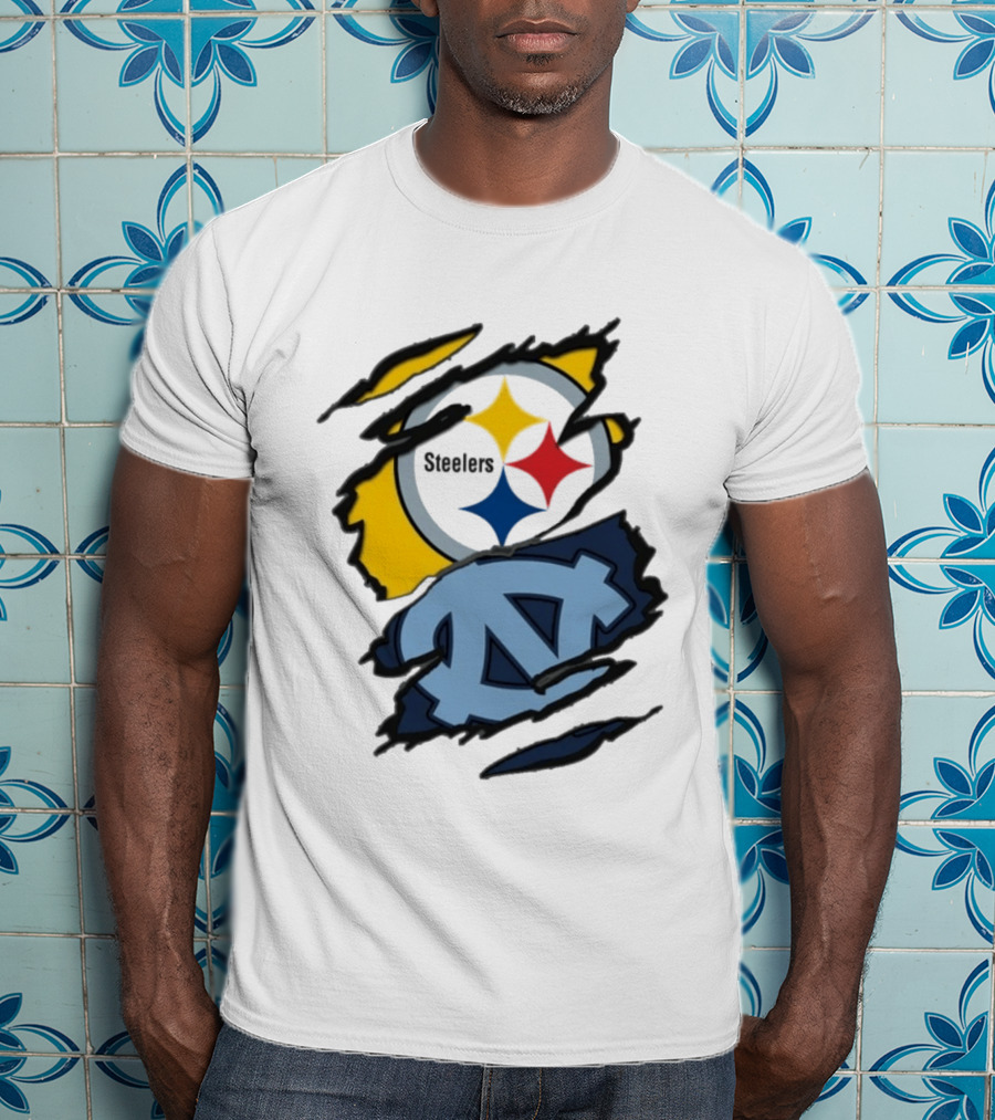 Pittsburgh Steelers UNC Tar Heels Ripped Metal Effect Logo Fusion T-Shirt