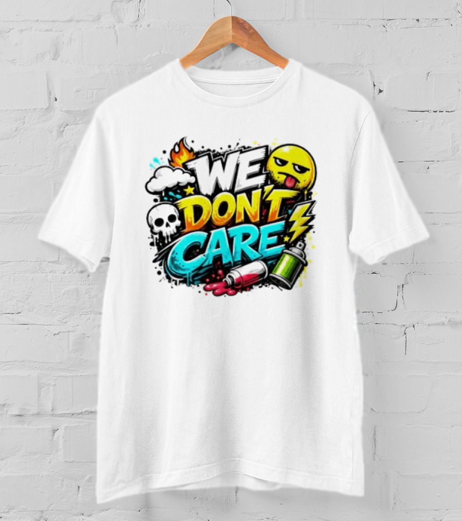 We Don't Care Graffiti Emojis Fire Cloud Lightning Skull T-Shirt
