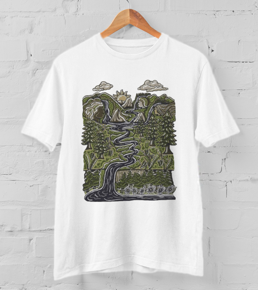 Nature Backs Forest Scene With River Trees Mountains Sun And Clouds T-Shirt