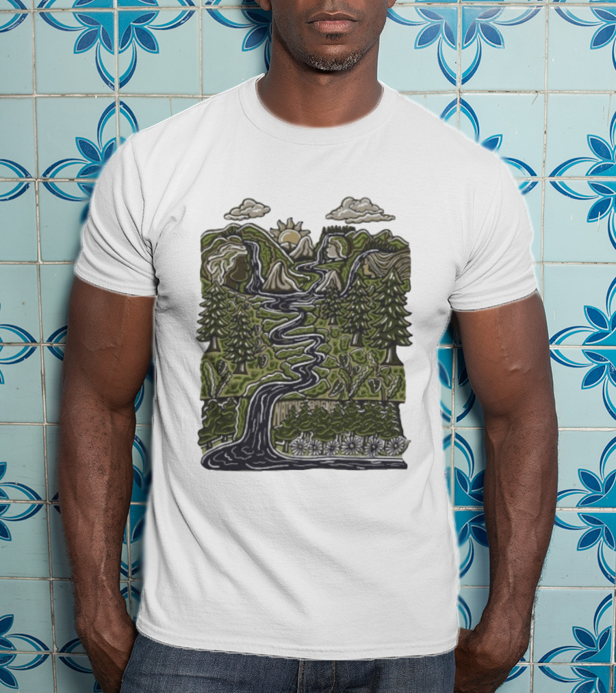 Nature Backs Forest Scene With River Trees Mountains Sun And Clouds T-Shirt