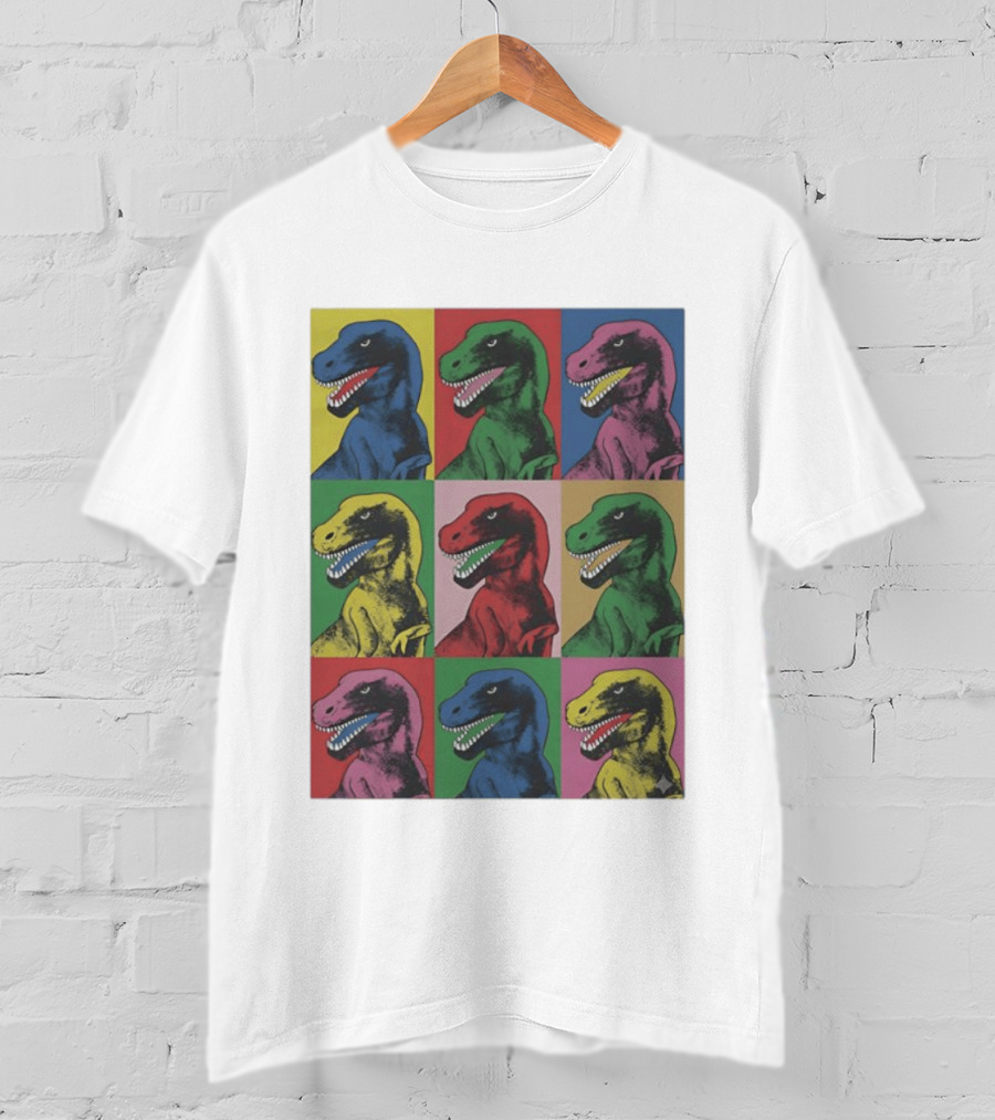 T Rex Pop Dinosaur Multi Colored Grid Prehistoric Reptile Andy Warhol T-Shirt