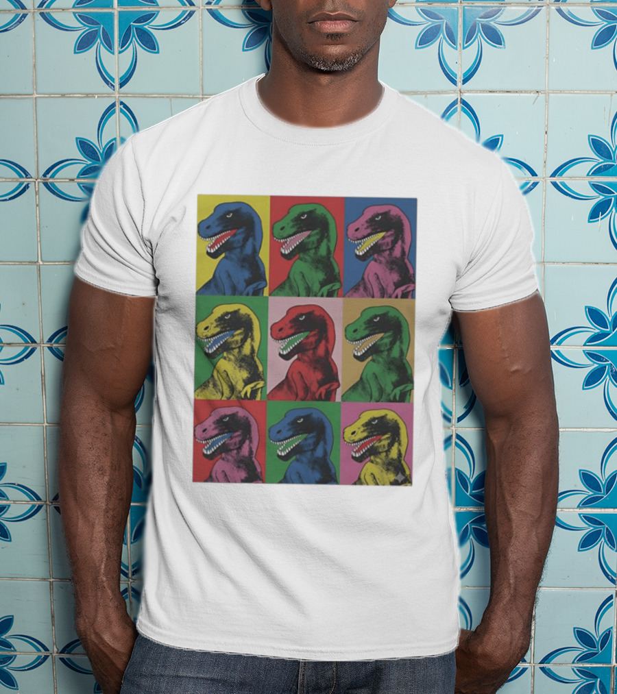 T Rex Pop Dinosaur Multi Colored Grid Prehistoric Reptile Andy Warhol T-Shirt