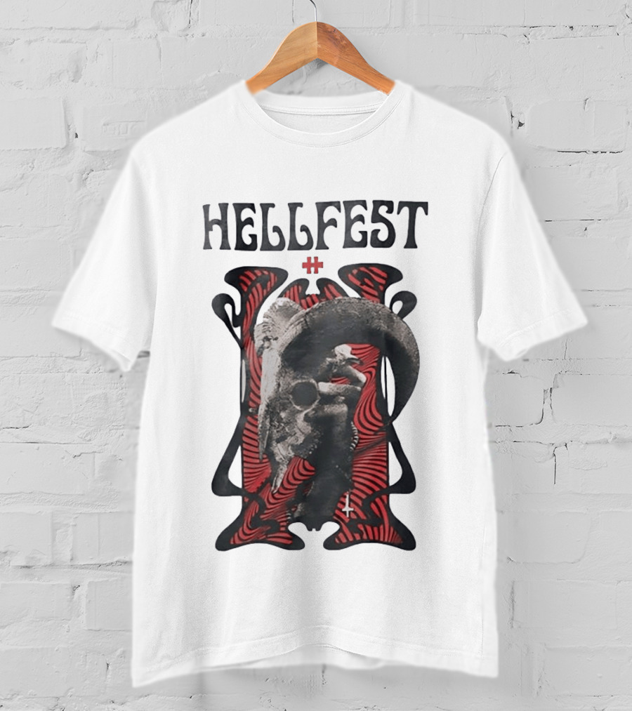 Hellfest Goat Skull Cross Inverted Crux Occult Heavy Metal Festival T-Shirt
