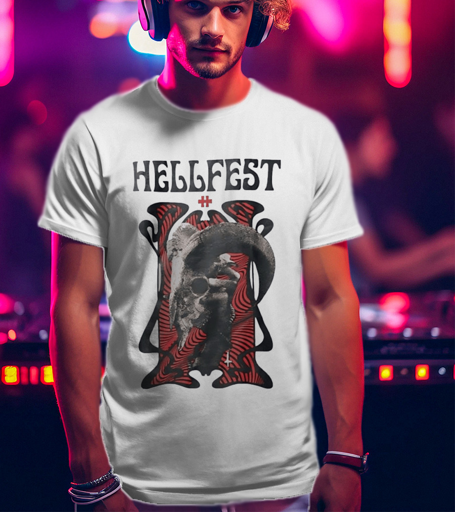 Hellfest Goat Skull Cross Inverted Crux Occult Heavy Metal Festival T-Shirt