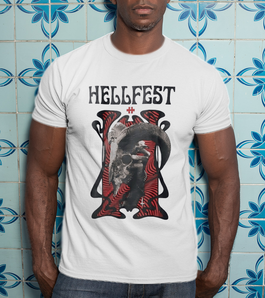 Hellfest Goat Skull Cross Inverted Crux Occult Heavy Metal Festival T-Shirt