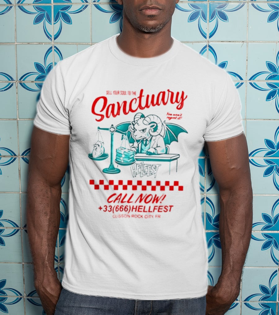 Hellfest Sanctuary Sell Your Soul Gargoyle Call Now 33 666 T-Shirt