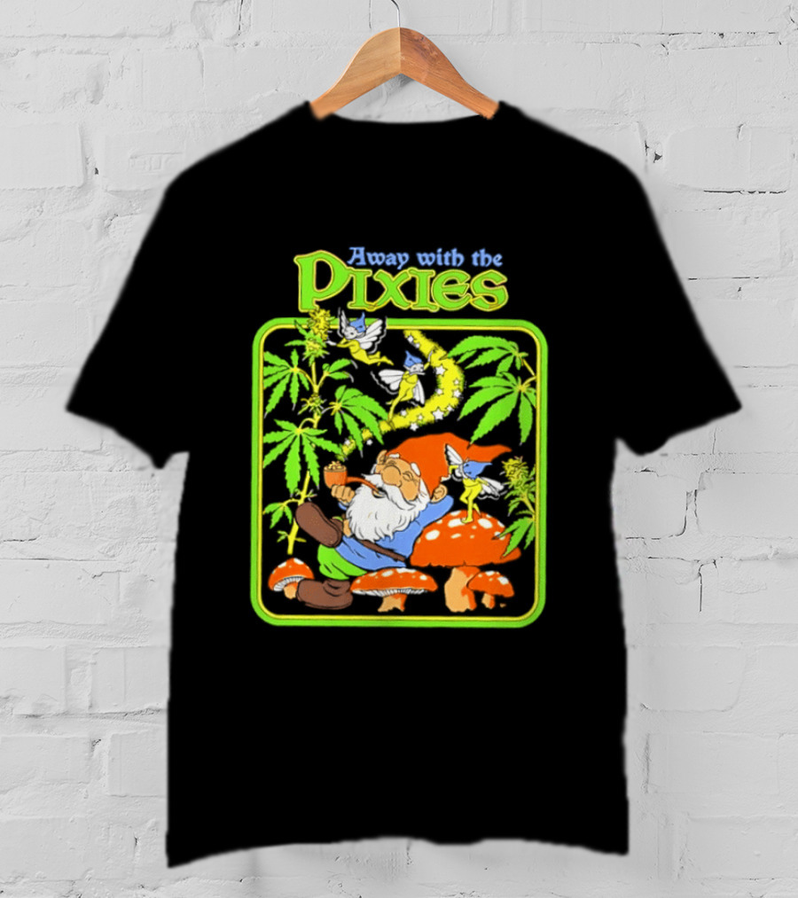 Away With The Pixies Gnome Smoking Cannabis Mushroom Fantasy Scene T-Shirt