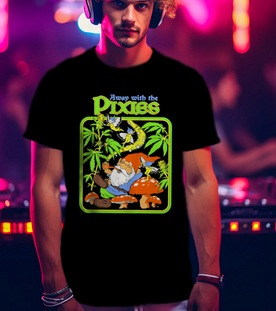 Away With The Pixies Gnome Smoking Cannabis Mushroom Fantasy Scene T-Shirt