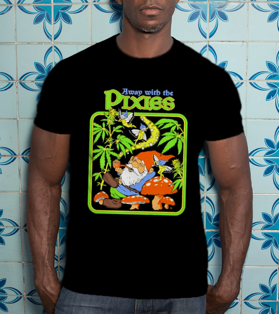 Away With The Pixies Gnome Smoking Cannabis Mushroom Fantasy Scene T-Shirt