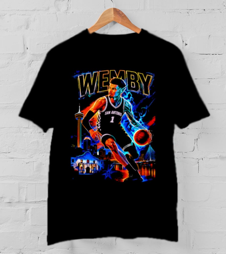Wemby San Antonio Spurs Basketball Player Half Alien City Skyline T-Shirt