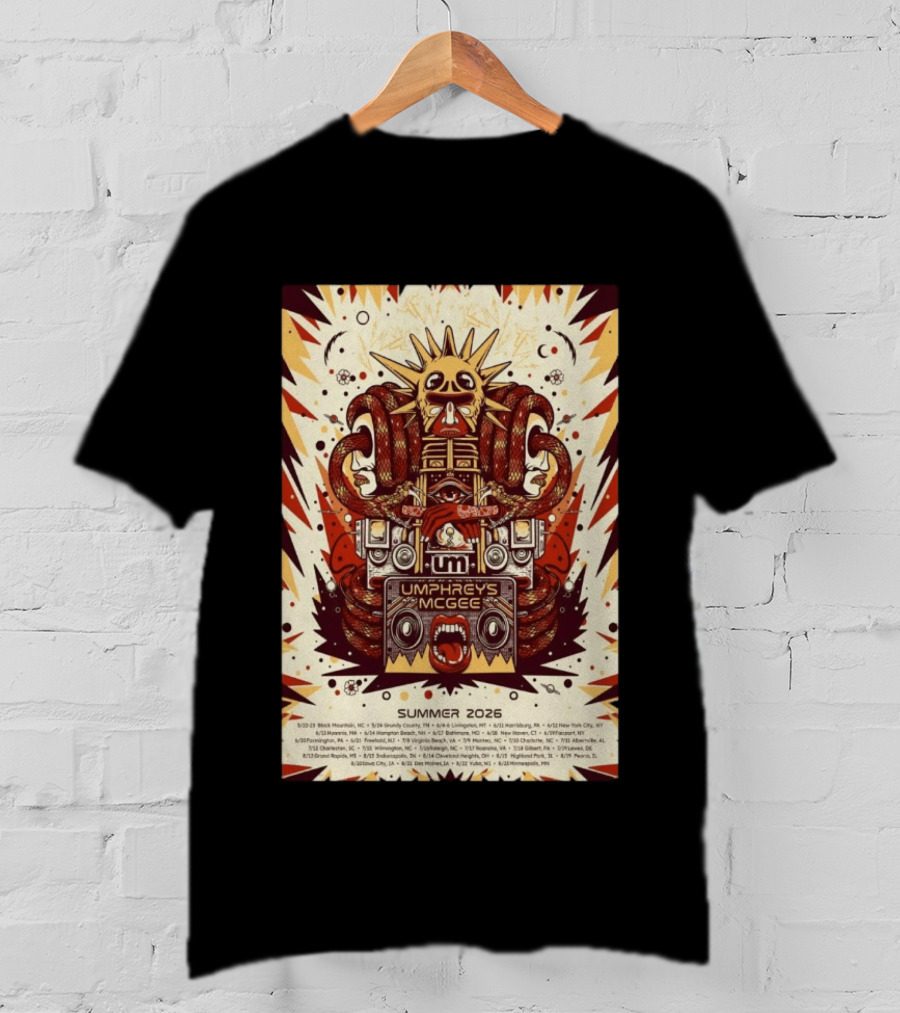 Umphrey's McGee Summer 2026 Tour Dates With Unique Symbolic Artwork And Sun Motif T-Shirt