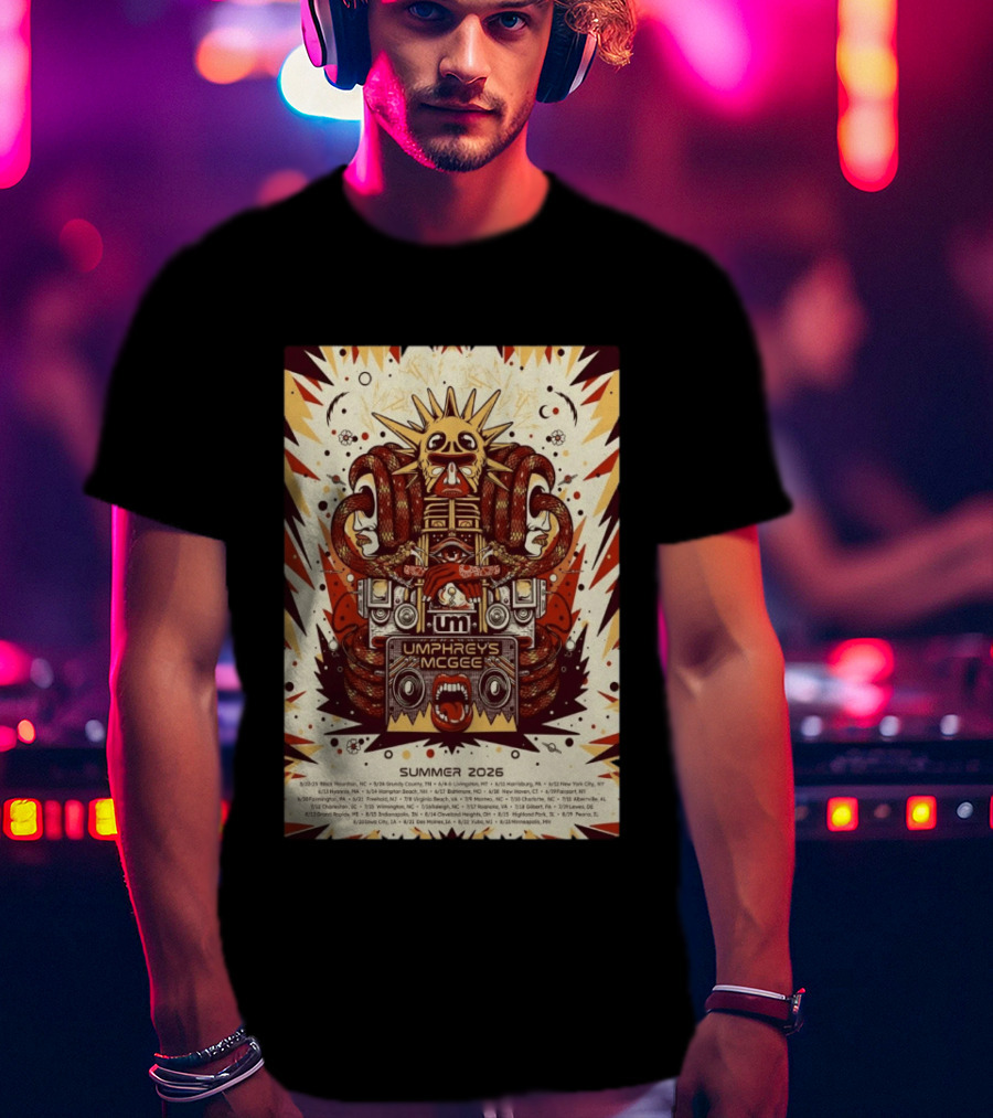 Umphrey's McGee Summer 2026 Tour Dates With Unique Symbolic Artwork And Sun Motif T-Shirt