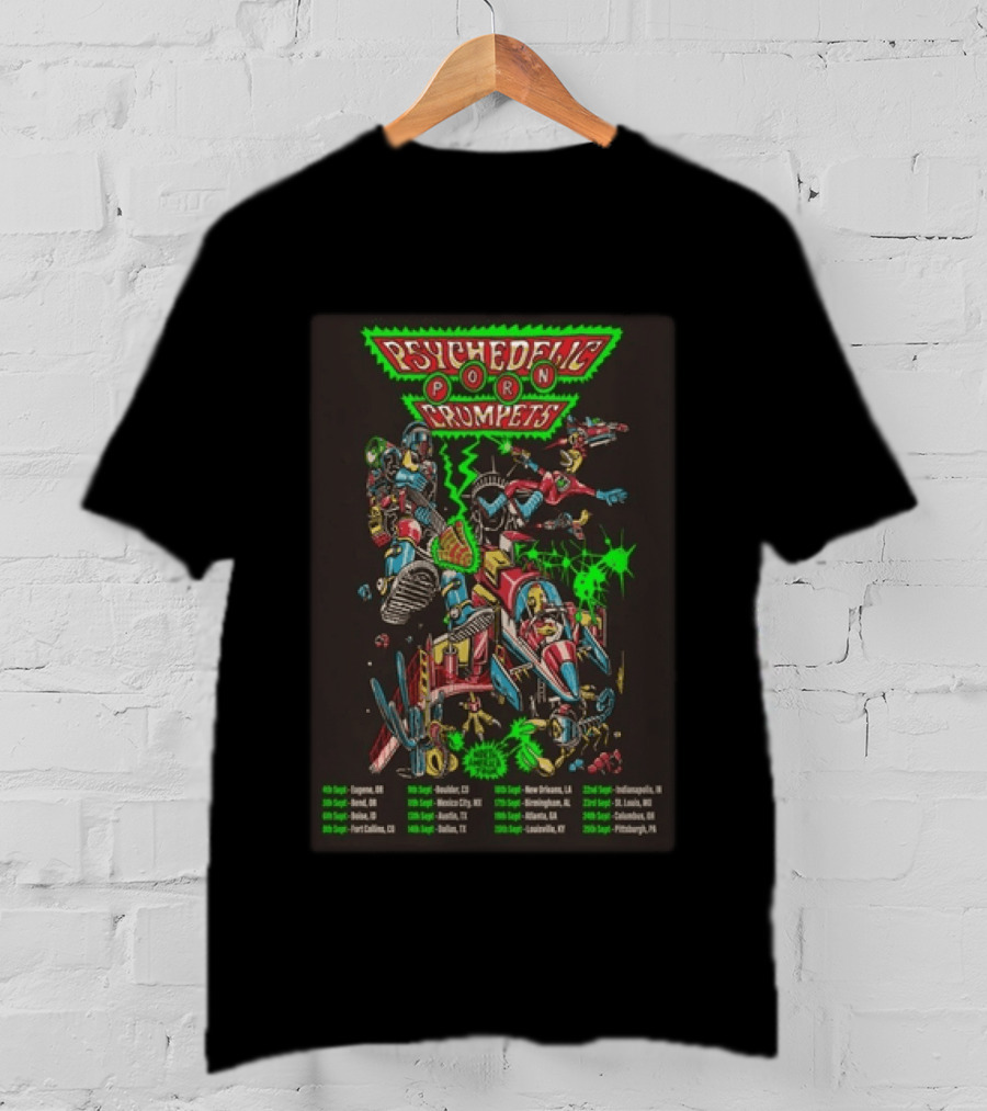 Psychedelic Porn Crumpets 2026 North America Tour With Neon Robot Graphics And Tour Dates T-Shirt