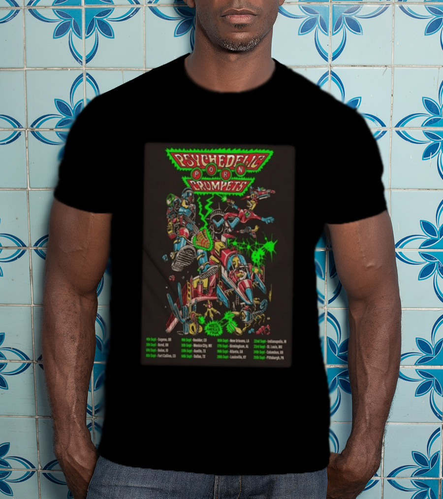 Psychedelic Porn Crumpets 2026 North America Tour With Neon Robot Graphics And Tour Dates T-Shirt