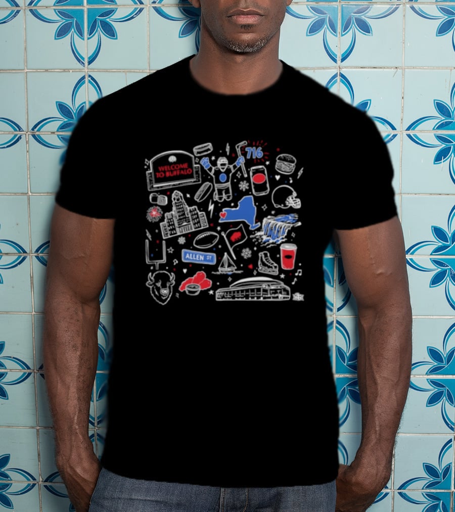 Welcome To Buffalo Doodles Allen St 716 Buffalo Wings Football Beer Pizza T-Shirt