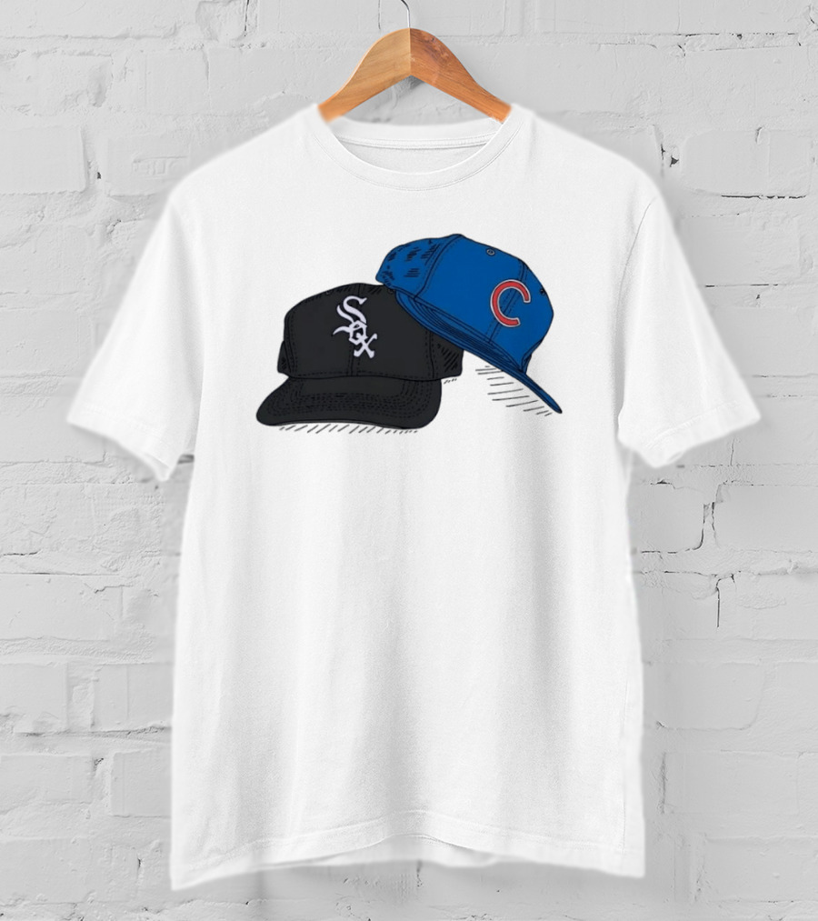 Chicago White Sox Black Hat And Chicago Cubs Blue Cap Baseball Fan Collection T-Shirt
