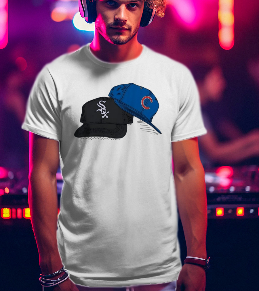 Chicago White Sox Black Hat And Chicago Cubs Blue Cap Baseball Fan Collection T-Shirt
