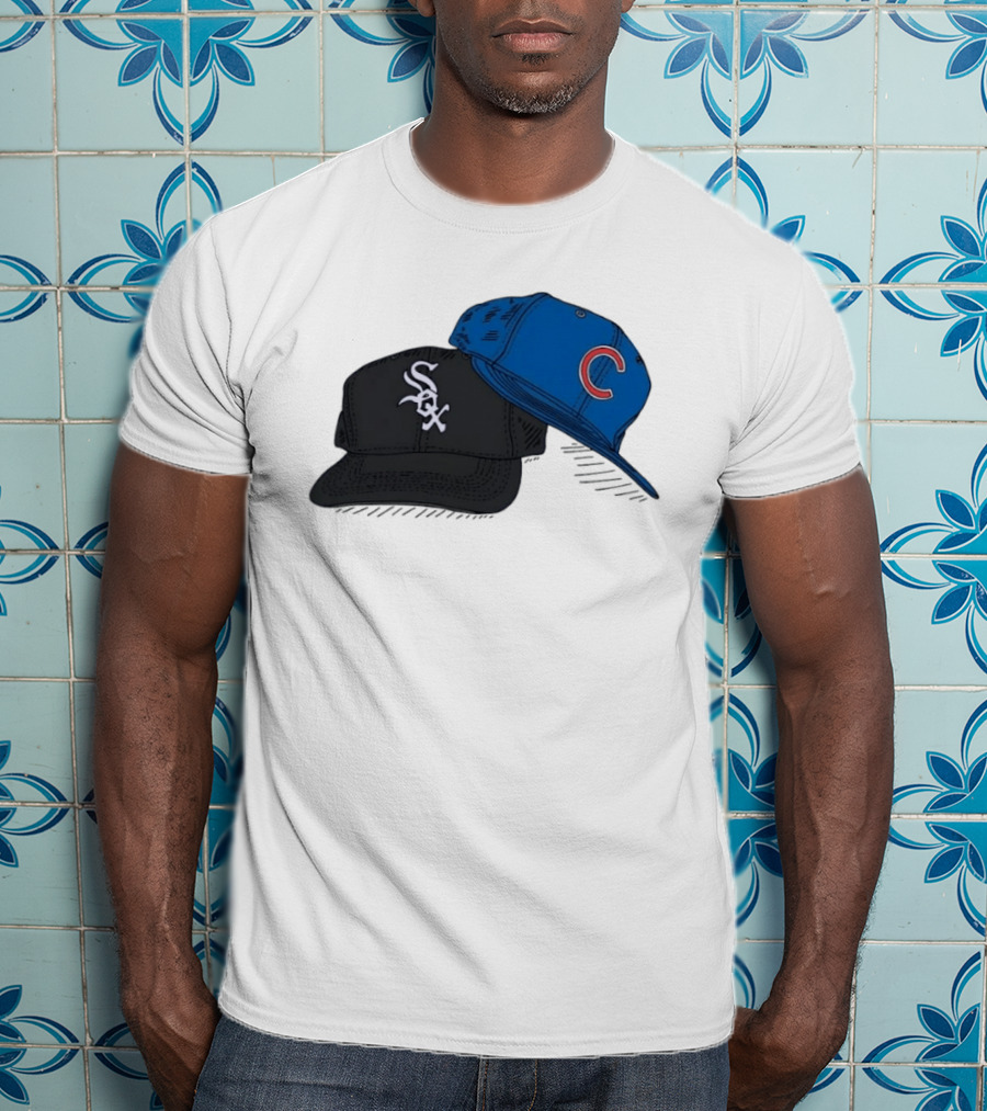 Chicago White Sox Black Hat And Chicago Cubs Blue Cap Baseball Fan Collection T-Shirt