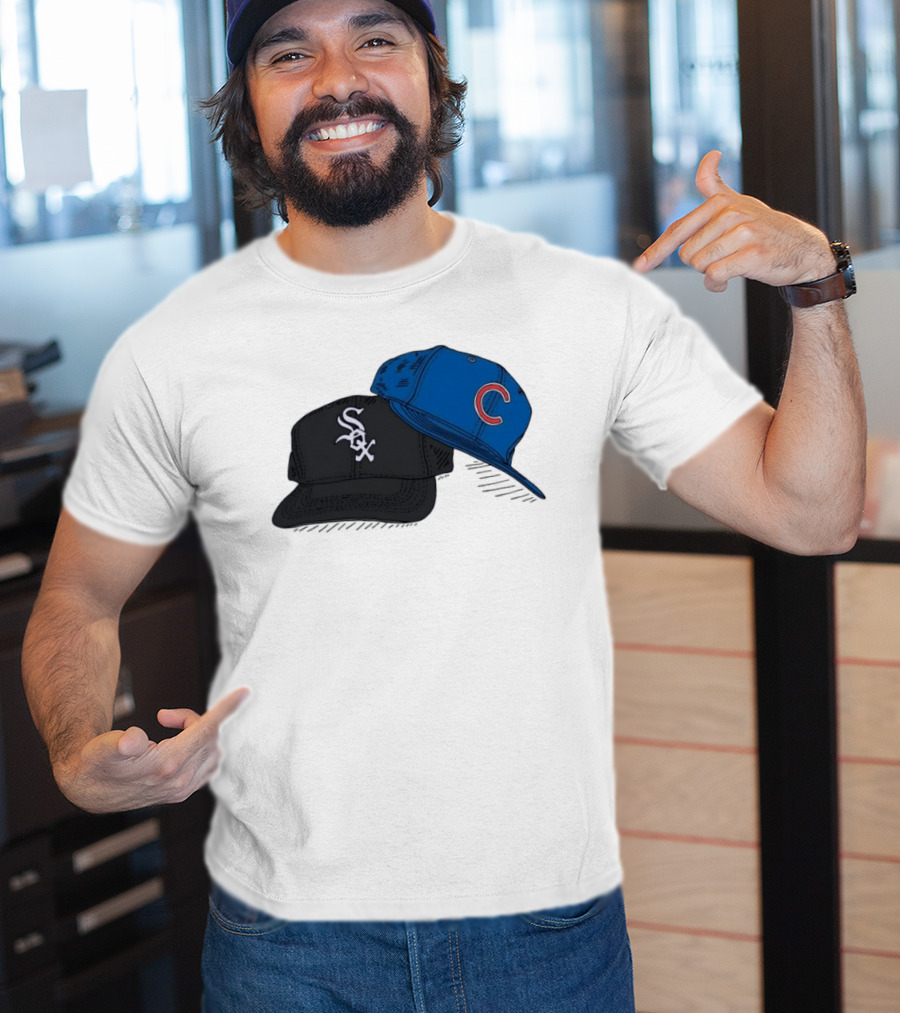 Chicago White Sox Black Hat And Chicago Cubs Blue Cap Baseball Fan Collection T-Shirt