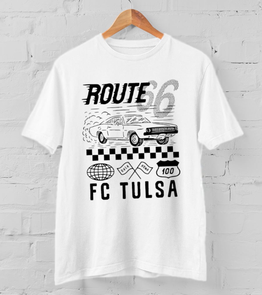 FC Tulsa Route 66 Oklahoma Soccer Car 100 Racing Flags T-Shirt