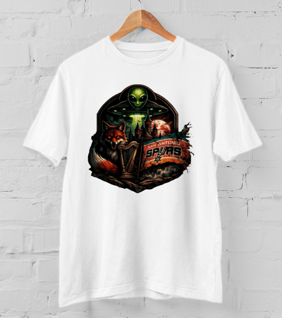 San Antonio Spurs UFO Alien Fox Harp Castle Moon Flag T-Shirt