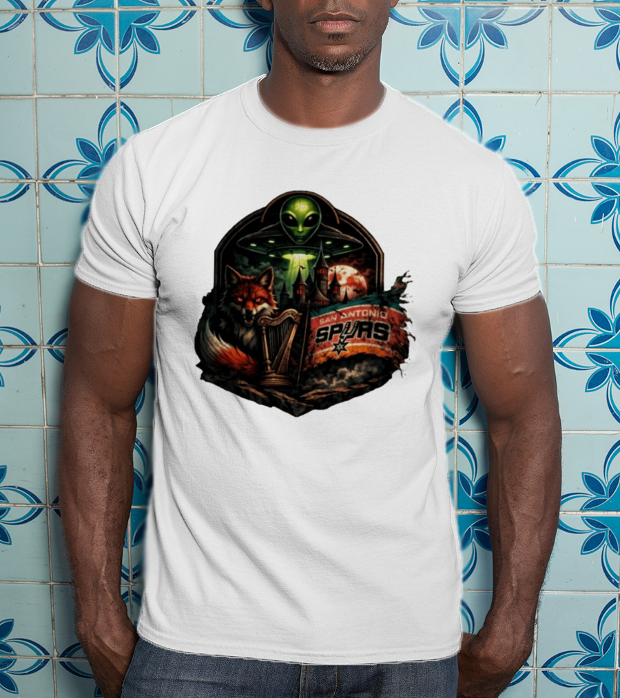 San Antonio Spurs UFO Alien Fox Harp Castle Moon Flag T-Shirt