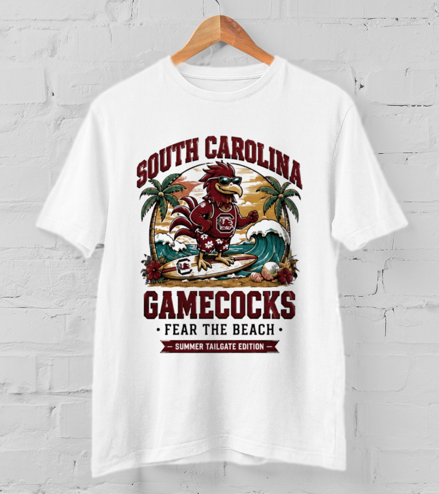South Carolina Gamecocks Fear The Beach Summer Tailgate Edition Surfing Chicken Palm Trees Wave T-Shirt