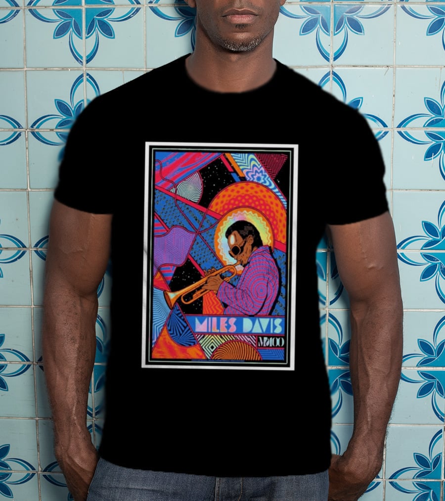 Miles Davis M100 Vibrant Foil Psychedelic Jazz Artistry Trumpet Player T-Shirt