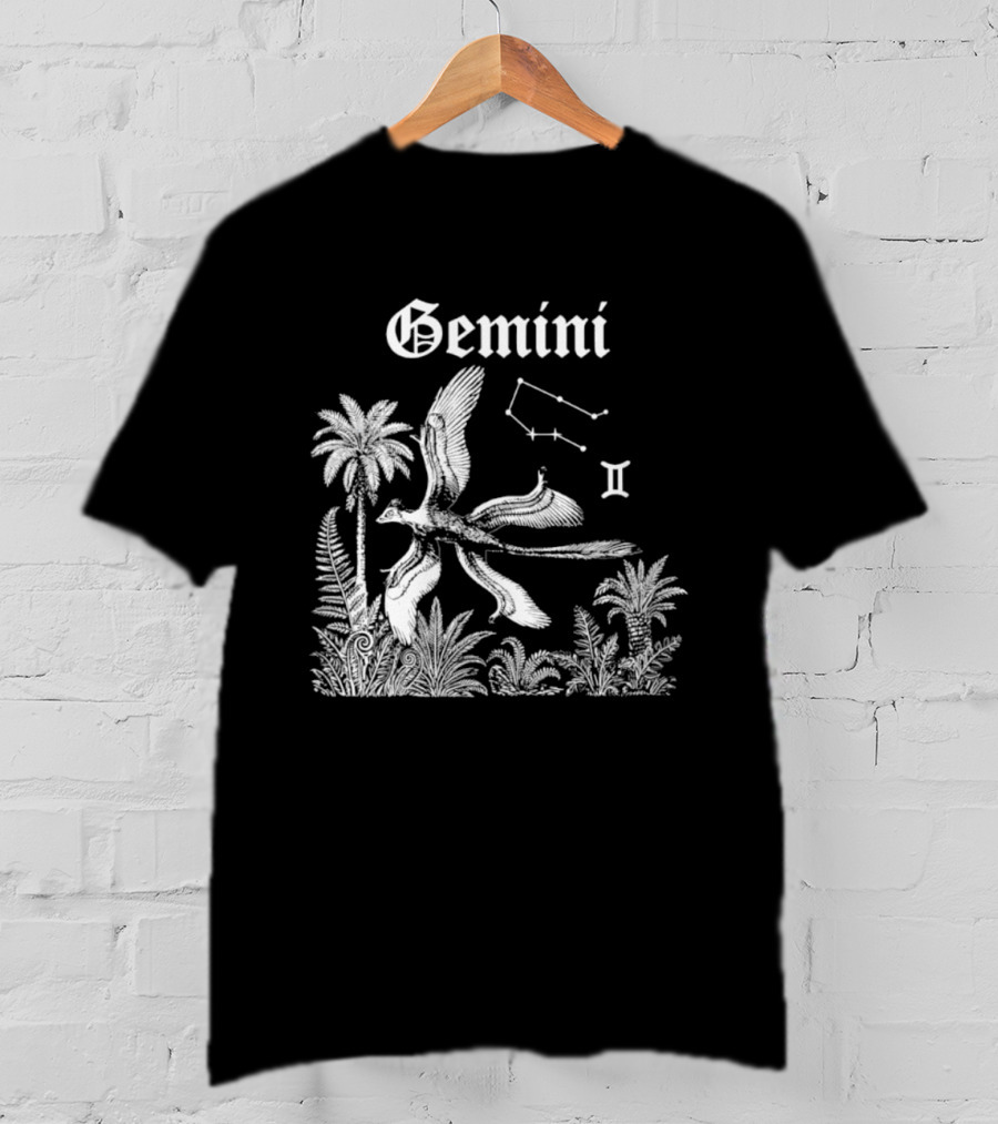 Gemini Feathered Dinosaur Constellation Tropical Scene T-Shirt