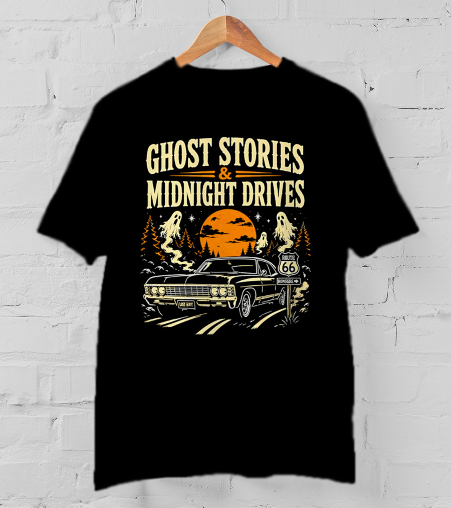 Ghost Stories Midnight Drives Route 66 Vintage Car Halloween Scene T-Shirt