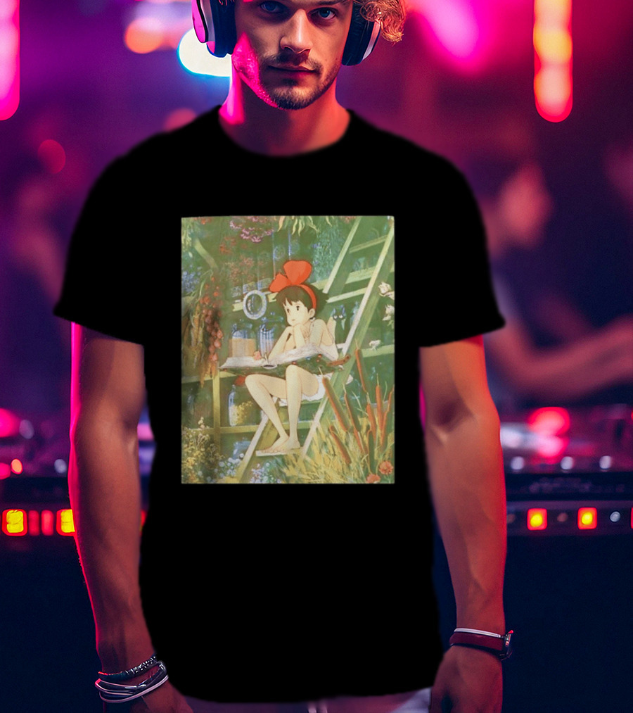 Kiki's Delivery Service Magic Book Cat And Botanical Greenhouse Scene T-Shirt