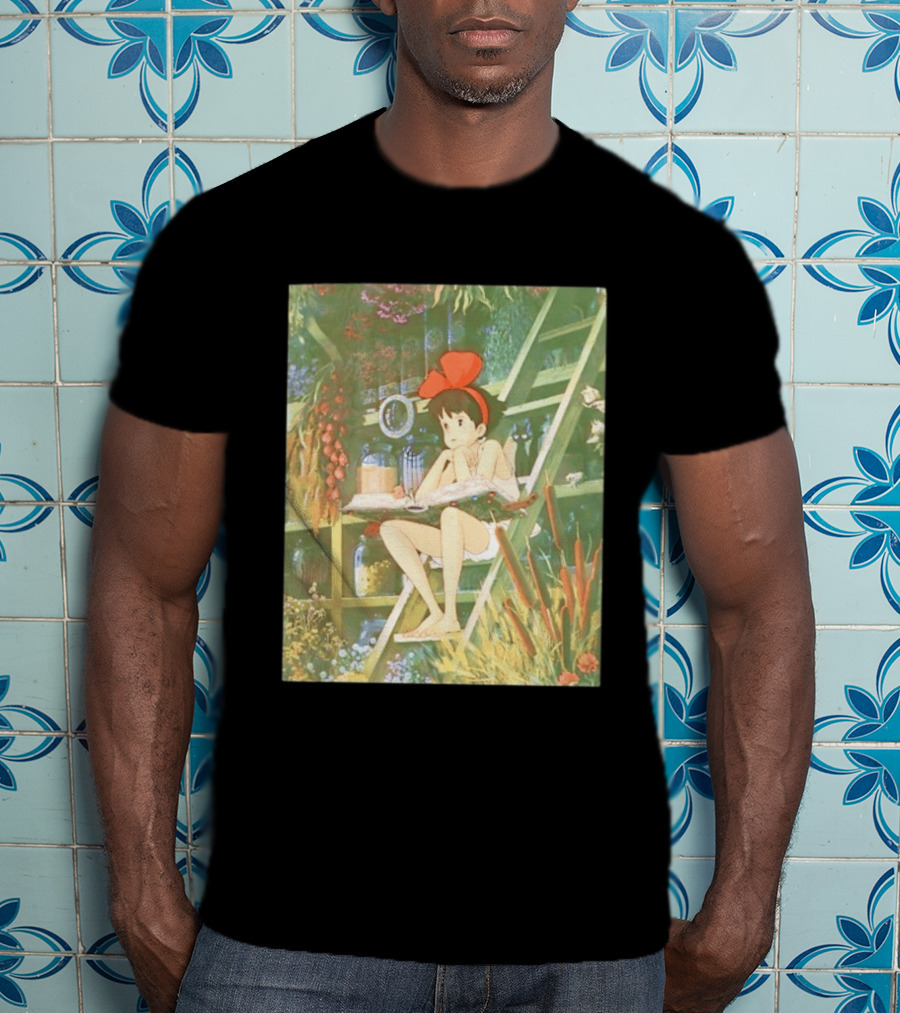 Kiki's Delivery Service Magic Book Cat And Botanical Greenhouse Scene T-Shirt