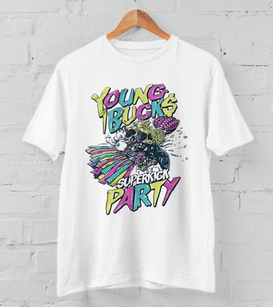 Young Bucks Superkick Party Skull Brain Eyeballs Colorful Explosion T-Shirt