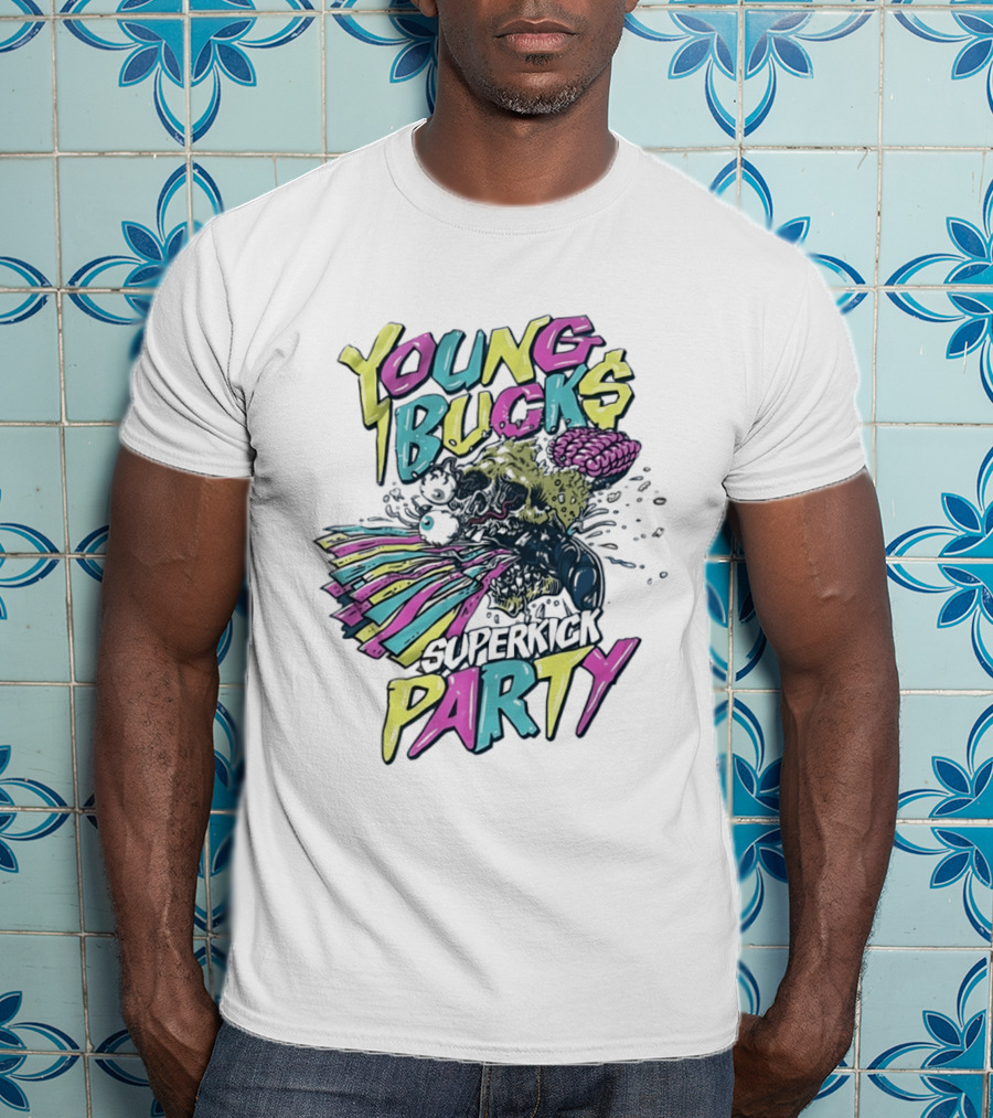 Young Bucks Superkick Party Skull Brain Eyeballs Colorful Explosion T-Shirt