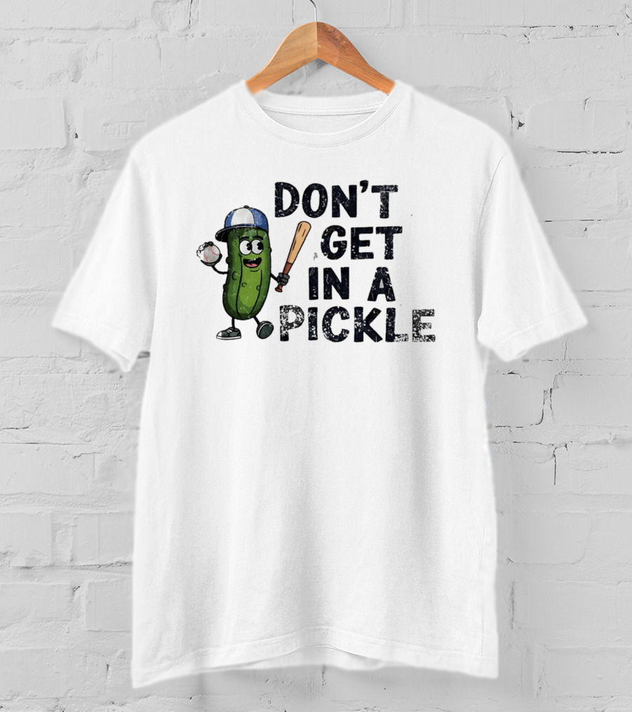 Don't Get In A Pickle Baseball Pun With Pickle Character Holding Bat And Ball T-Shirt