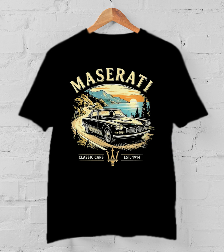 Maserati Classic Cars Est 1914 Vintage Sunset Road Scene T-Shirt
