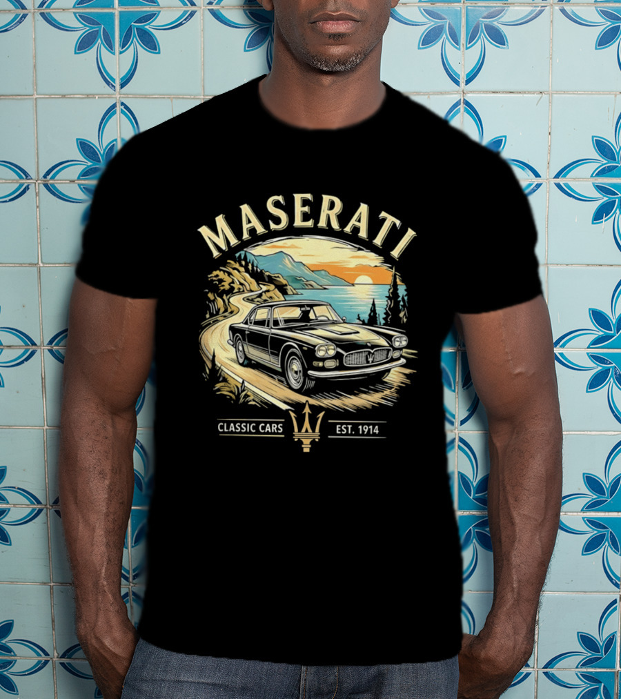 Maserati Classic Cars Est 1914 Vintage Sunset Road Scene T-Shirt