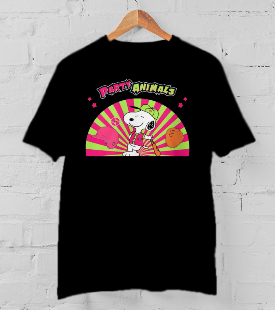 Snoopy Party Animals Baseball Glove Bat Cap Neon Stars T-Shirt